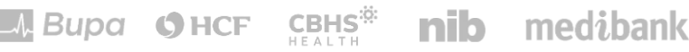 Logos of Bupa, HCF, CBHS Health, nib, and Medibank in black and white, perfect for a denture clinic or Gold Coast dentures specialist.