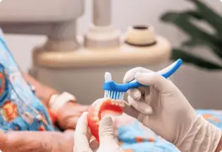 In a serene Palm Beach clinic, a dentist meticulously cleans dentures with a toothbrush, while the patient sits comfortably in the background.