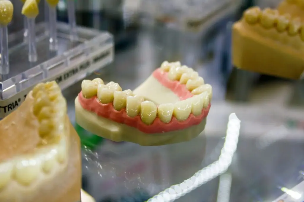 Immediate dentures displayed on a dental mold on a glass shelf.
