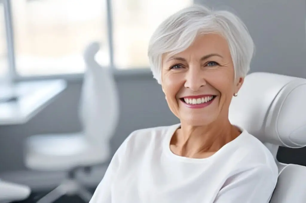 Older woman with short gray hair smiles while seated, wondering, "What are Valplast dentures?.