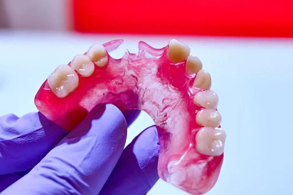 Gloved hand holding a pink partial denture, illustrating complete denture care.
