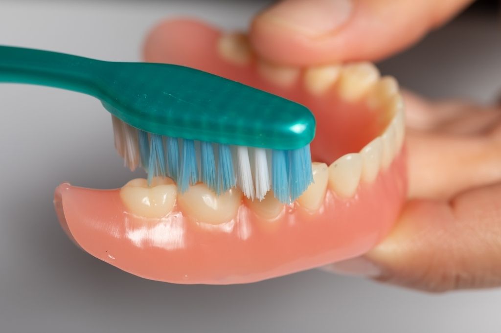 A person showing how to clean dentures properly with a green toothbrush.